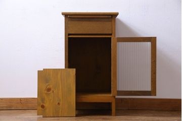 アンティーク雑貨　昭和レトロ　モールガラス使用　レトロな木製サイドキャビネット(サイドテーブル、収納棚、電話台、花台)