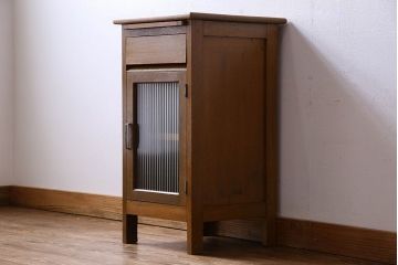 アンティーク雑貨　昭和レトロ　モールガラス使用　レトロな木製サイドキャビネット(サイドテーブル、収納棚、電話台、花台)