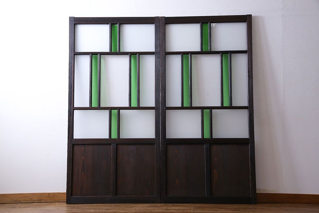 戦前 大正ロマン 色ガラスの衝立 洋館より 希少 無垢材 楢 アンティーク 希少な大正ガラス製品 歪みの美しさ