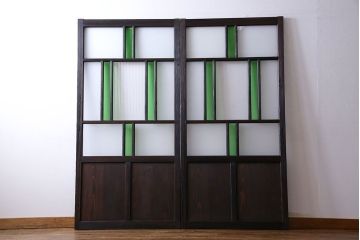 和製アンティーク　大正ロマン香る　色ガラス入りのガラス戸(引き戸、建具)2枚組