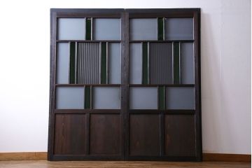 和製アンティーク　大正ロマン香る　色ガラス入りのガラス戸(引き戸、建具)2枚組