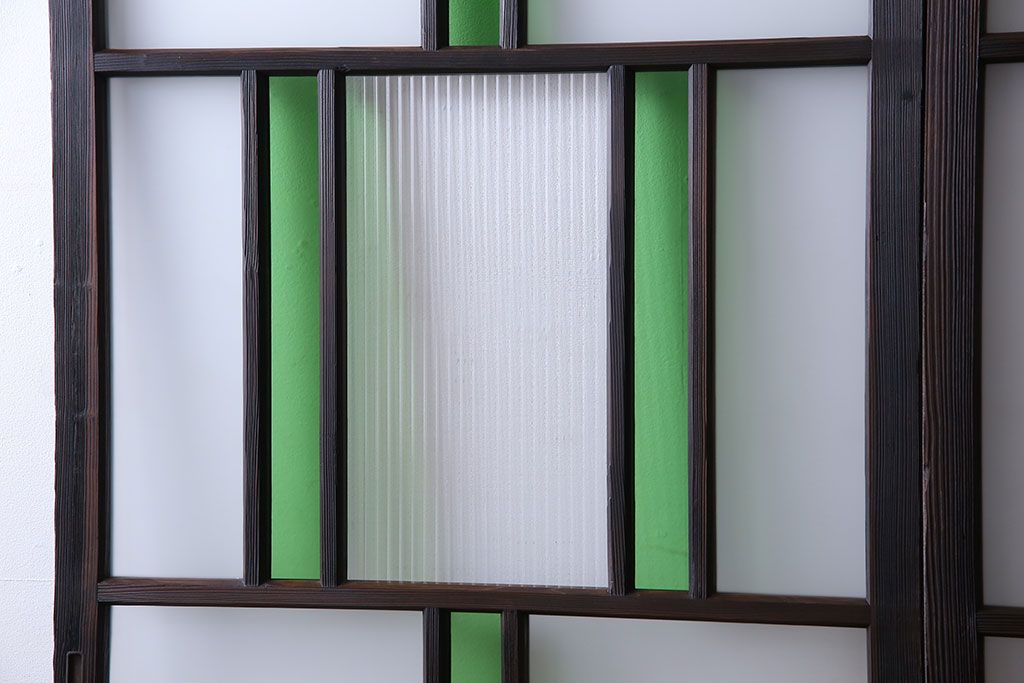 和製アンティーク　大正ロマン香る　色ガラス入りのガラス戸(引き戸、建具)2枚組