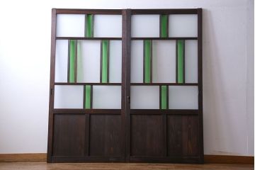 和製アンティーク　大正ロマン香る　色ガラス入りのガラス戸(引き戸、建具)2枚組