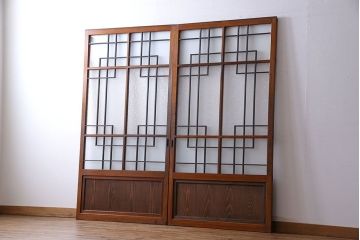 昭和レトロ　組子のデザインが魅力的なガラス戸(引き戸、建具)2枚組