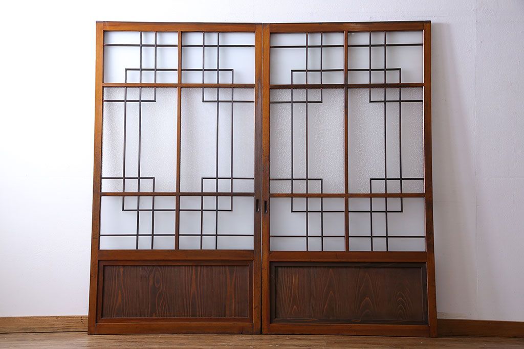 昭和レトロ　組子のデザインが魅力的なガラス戸(引き戸、建具)2枚組