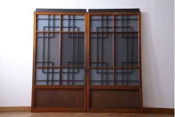 昭和レトロ　組子のデザインが魅力的なガラス戸(引き戸、建具)2枚組