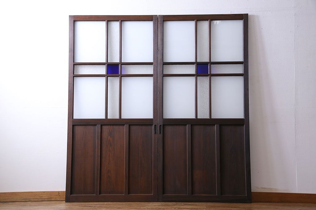 和製アンティーク　色ガラス入り　大正ロマンの雰囲気漂うガラス戸(引き戸、建具)2枚組