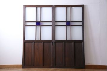 和製アンティーク　色ガラス入り　大正ロマンの雰囲気漂うガラス戸(引き戸、建具)2枚組