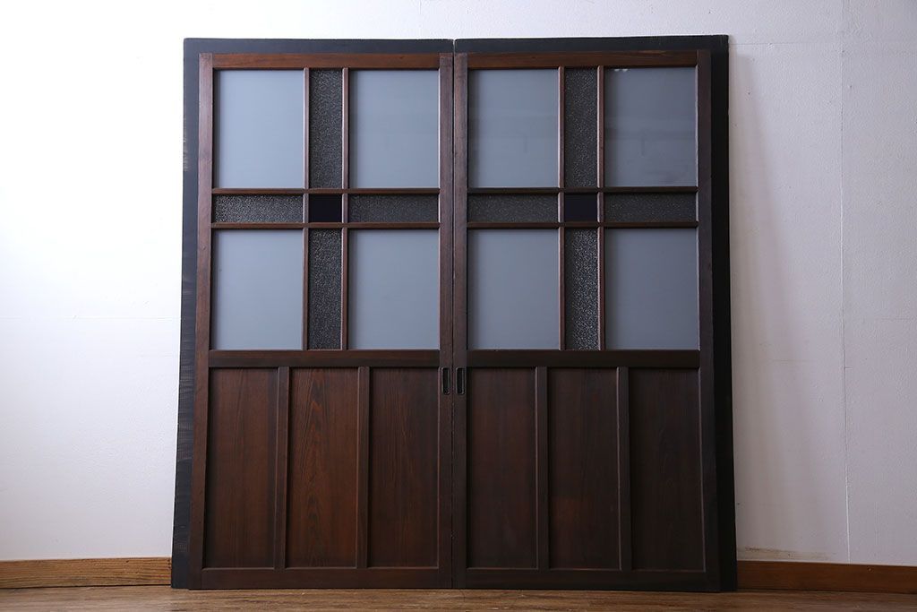 和製アンティーク　色ガラス入り　大正ロマンの雰囲気漂うガラス戸(引き戸、建具)2枚組