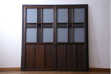 和製アンティーク　色ガラス入り　大正ロマンの雰囲気漂うガラス戸(引き戸、建具)2枚組