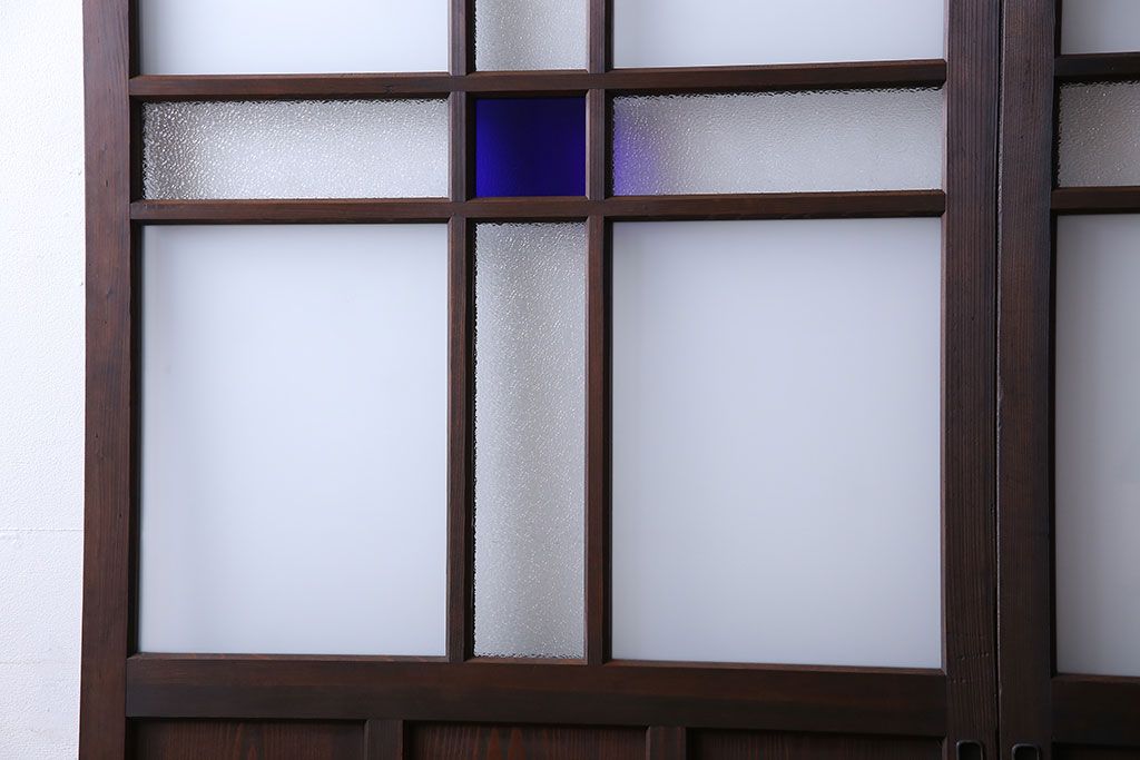 和製アンティーク　色ガラス入り　大正ロマンの雰囲気漂うガラス戸(引き戸、建具)2枚組