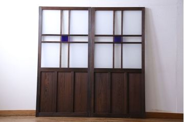 和製アンティーク　色ガラス入り　大正ロマンの雰囲気漂うガラス戸(引き戸、建具)2枚組