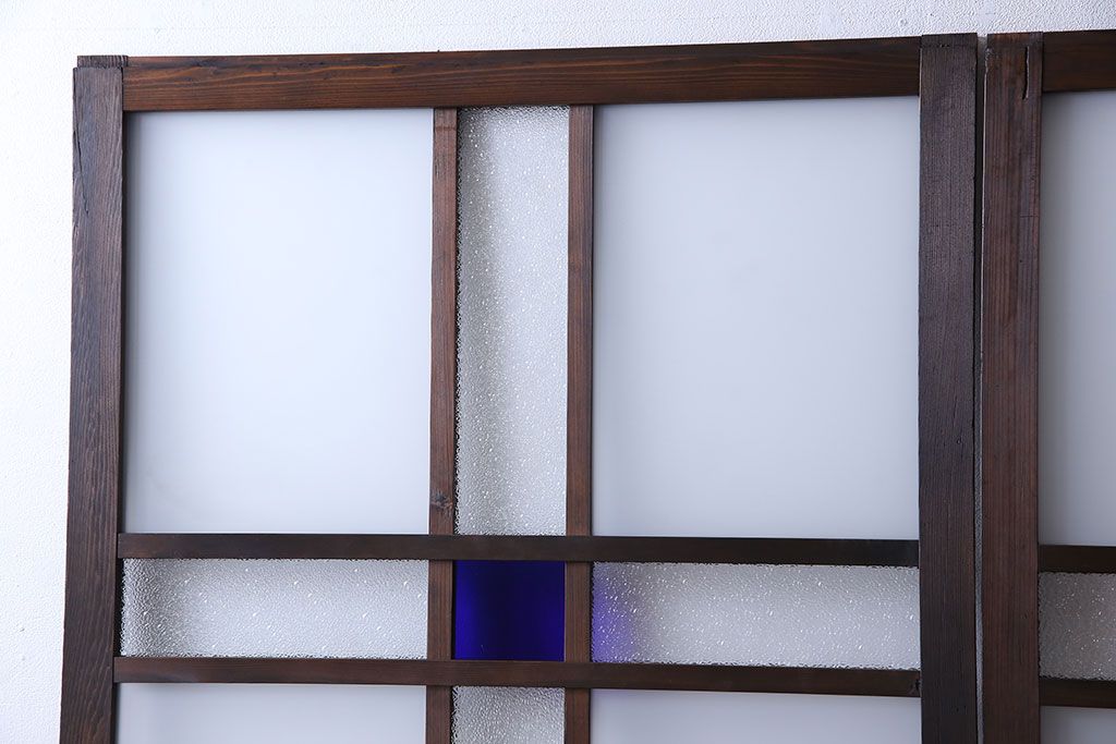 和製アンティーク　色ガラス入り　大正ロマンの雰囲気漂うガラス戸(引き戸、建具)2枚組