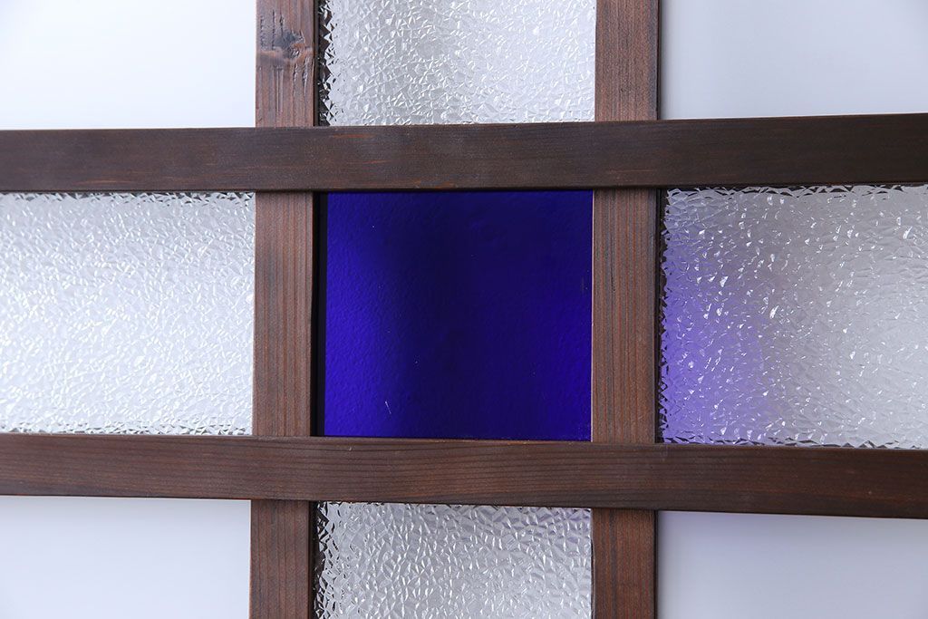 和製アンティーク　色ガラス入り　大正ロマンの雰囲気漂うガラス戸(引き戸、建具)2枚組