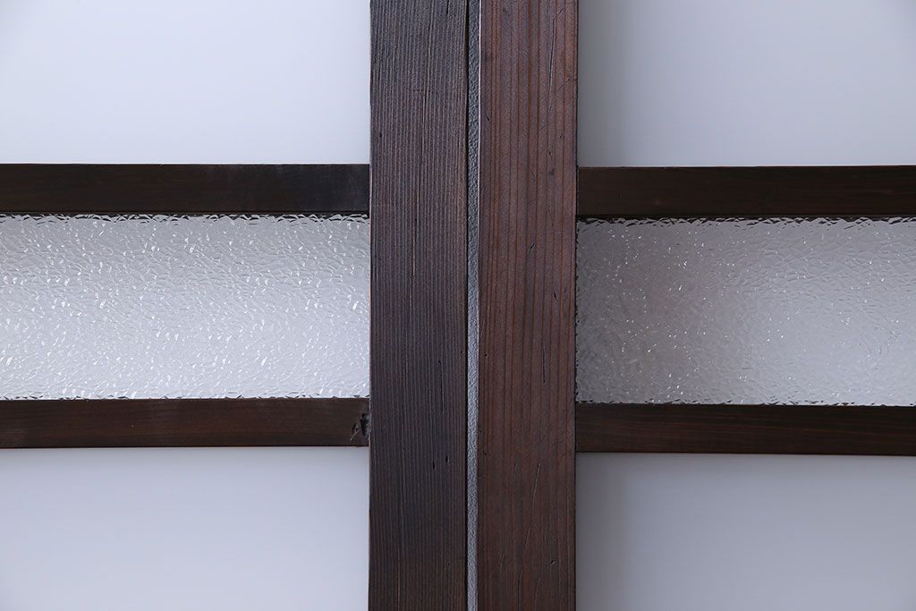 和製アンティーク　色ガラス入り　大正ロマンの雰囲気漂うガラス戸(引き戸、建具)2枚組