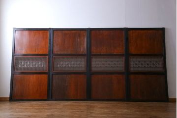 和製アンティーク　組子が目を引く　味わい深い風合いの帯戸(ガラス帯戸、板戸、引き戸、建具)4枚組