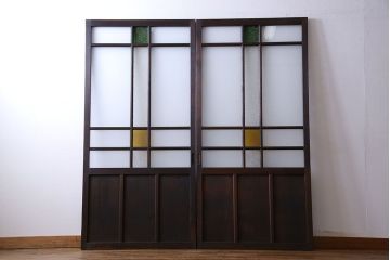 大正ロマン　色ガラス入りのアンティークガラス戸(引き戸、建具)2枚セット