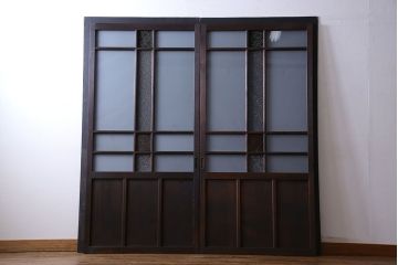 大正ロマン　色ガラス入りのアンティークガラス戸(引き戸、建具)2枚セット