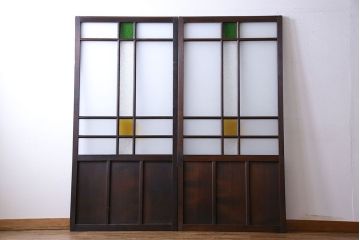 大正ロマン　色ガラス入りのアンティークガラス戸(引き戸、建具)2枚セット