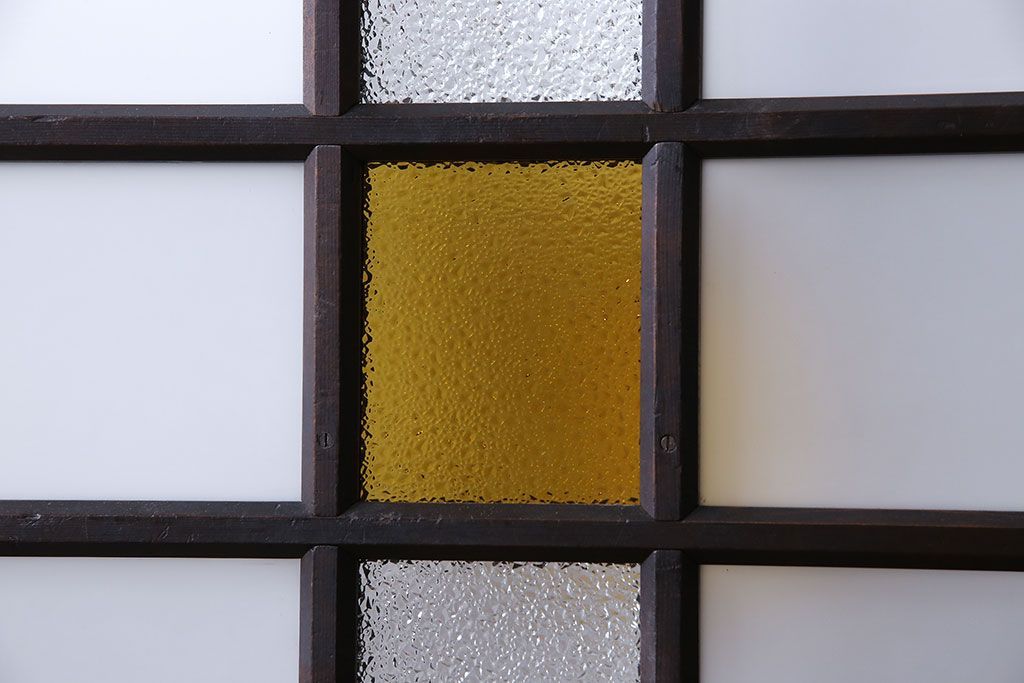 大正ロマン　色ガラス入りのアンティークガラス戸(引き戸、建具)2枚セット