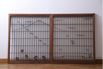 昭和期　すりガラス使用　富士の図柄が味わい深い組子のガラス戸(窓、書院戸)2枚組