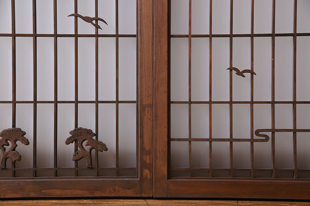 昭和期　すりガラス使用　富士の図柄が味わい深い組子のガラス戸(窓、書院戸)2枚組