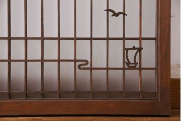 昭和期　すりガラス使用　富士の図柄が味わい深い組子のガラス戸(窓、書院戸)2枚組