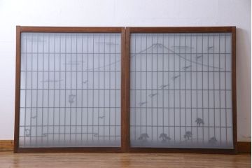 昭和期　すりガラス使用　富士の図柄が味わい深い組子のガラス戸(窓、書院戸)2枚組