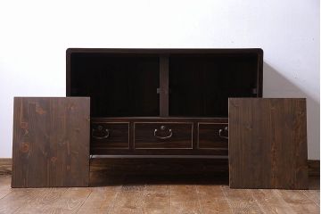 レトロ家具　昭和レトロ　黒檀　鉄脚付　モールガラスがおしゃれなモダンな箪笥ローボード(キャビネット、チェスト、テレビボード)