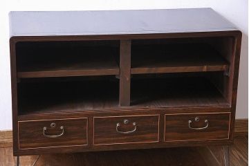 レトロ家具　昭和レトロ　黒檀　鉄脚付　モールガラスがおしゃれなモダンな箪笥ローボード(キャビネット、チェスト、テレビボード)