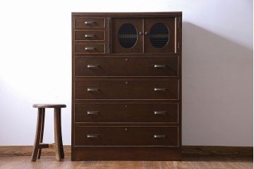 レトロ家具　昭和レトロ　チェッカーガラス入りのレトロなチェスト(タンス、衣装箪笥、引き出し、キャビネット)