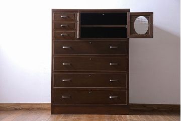 レトロ家具　昭和レトロ　チェッカーガラス入りのレトロなチェスト(タンス、衣装箪笥、引き出し、キャビネット)