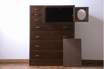 レトロ家具　昭和レトロ　チェッカーガラス入りのレトロなチェスト(タンス、衣装箪笥、引き出し、キャビネット)