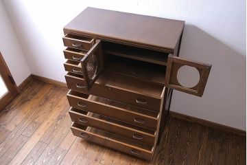 レトロ家具　昭和レトロ　チェッカーガラス入りのレトロなチェスト(タンス、衣装箪笥、引き出し、キャビネット)