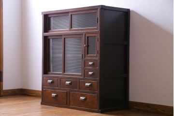 アンティーク家具　明治大正期　前面ケヤキ材　モールガラスがお洒落なアンティークキャビネット(収納棚、戸棚)