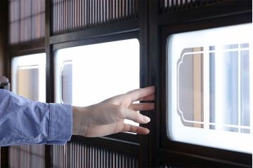 和製アンティーク　腰板ケヤキ材　上質で美しい造りの裏障子付き帯格子戸(引き戸、建具)4枚セット