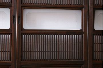 和製アンティーク　腰板ケヤキ材　上質で美しい造りの裏障子付き帯格子戸(引き戸、建具)4枚セット