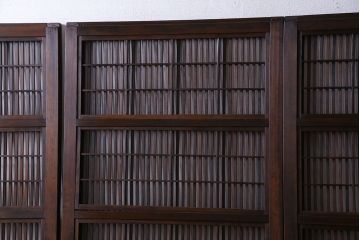 和製アンティーク　腰板ケヤキ材　上質で美しい造りの裏障子付き帯格子戸(引き戸、建具)4枚セット