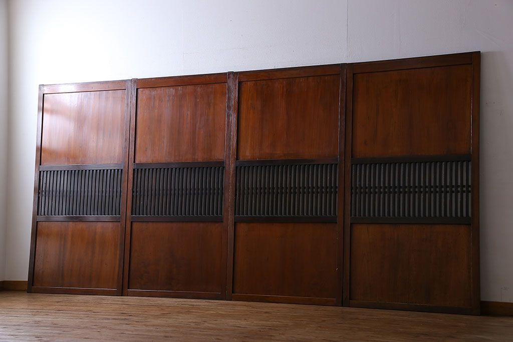 和製アンティーク　ツートンカラーが印象的なガラス入り格子帯戸(ガラス帯戸、引き戸、建具)4枚セット