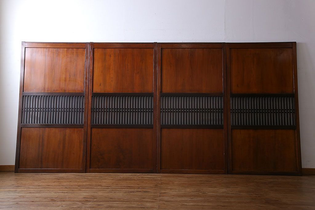 和製アンティーク　ツートンカラーが印象的なガラス入り格子帯戸(ガラス帯戸、引き戸、建具)4枚セット