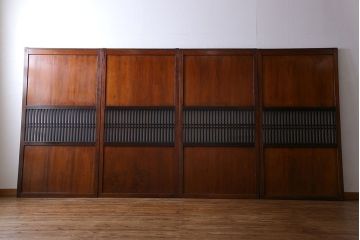 和製アンティーク　ツートンカラーが印象的なガラス入り格子帯戸(ガラス帯戸、引き戸、建具)4枚セット