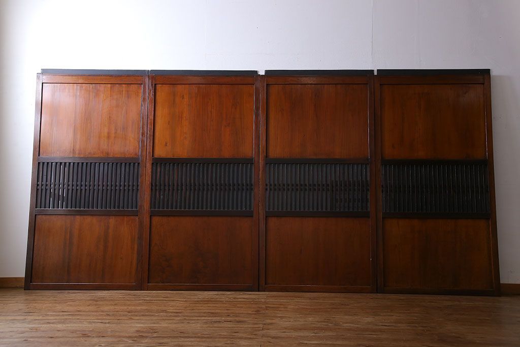 和製アンティーク　ツートンカラーが印象的なガラス入り格子帯戸(ガラス帯戸、引き戸、建具)4枚セット