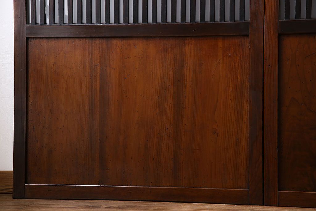 和製アンティーク　ツートンカラーが印象的なガラス入り格子帯戸(ガラス帯戸、引き戸、建具)4枚セット