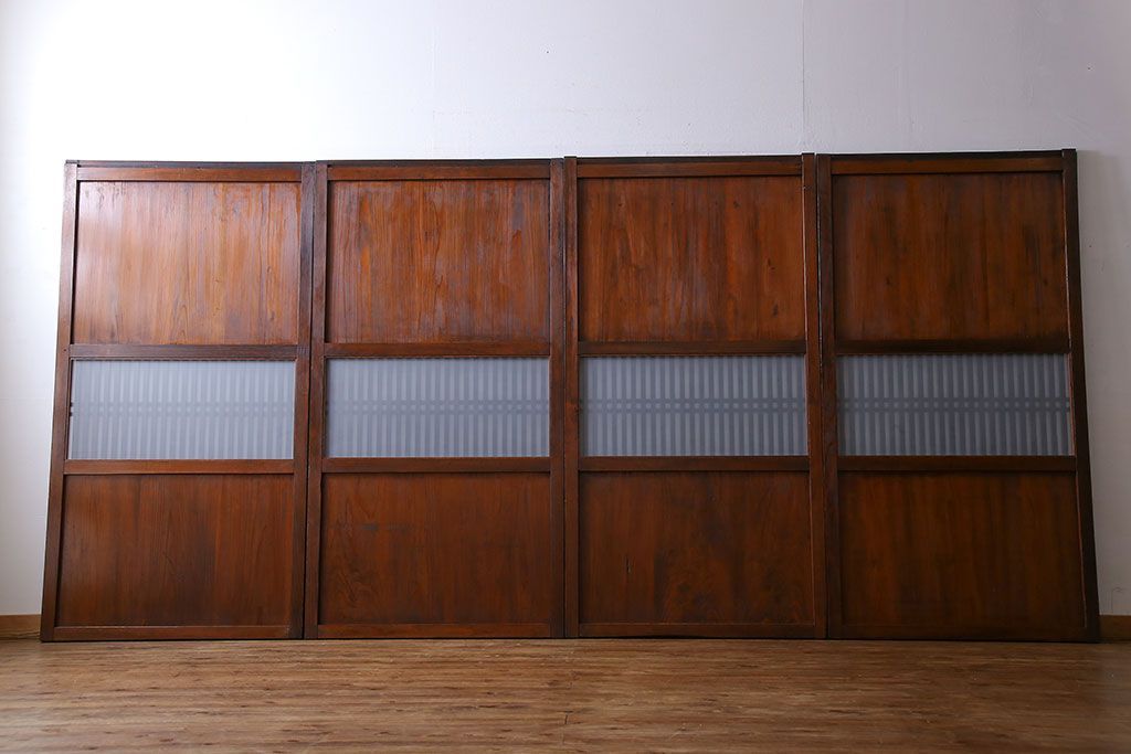 和製アンティーク　ツートンカラーが印象的なガラス入り格子帯戸(ガラス帯戸、引き戸、建具)4枚セット