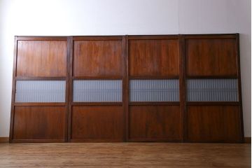 和製アンティーク　ツートンカラーが印象的なガラス入り格子帯戸(ガラス帯戸、引き戸、建具)4枚セット