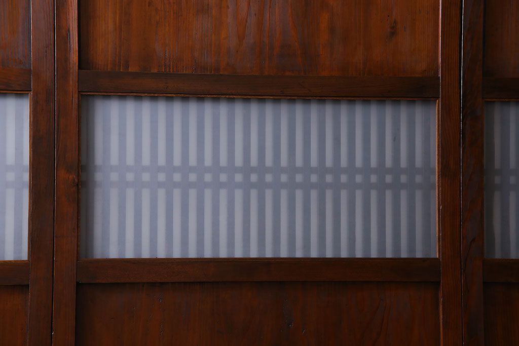 和製アンティーク　ツートンカラーが印象的なガラス入り格子帯戸(ガラス帯戸、引き戸、建具)4枚セット