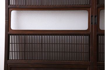 和製アンティーク　腰板ケヤキ材　モダンな雰囲気の裏障子付き帯格子戸(引き戸、建具)2枚組(1)
