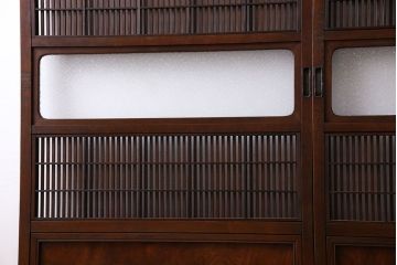 和製アンティーク　腰板ケヤキ材　モダンな雰囲気の裏障子付き帯格子戸(引き戸、建具)2枚組(1)
