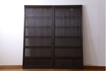 和製アンティーク　裏ガラス入り　細かな桟が美しい万本格子戸(引き戸、建具)2枚組(1)