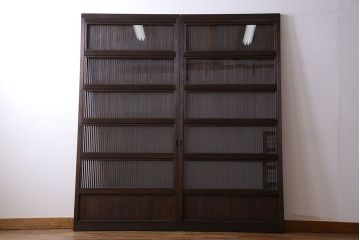 和製アンティーク　裏ガラス入り　細かな桟が美しい万本格子戸(引き戸、建具)2枚組(1)